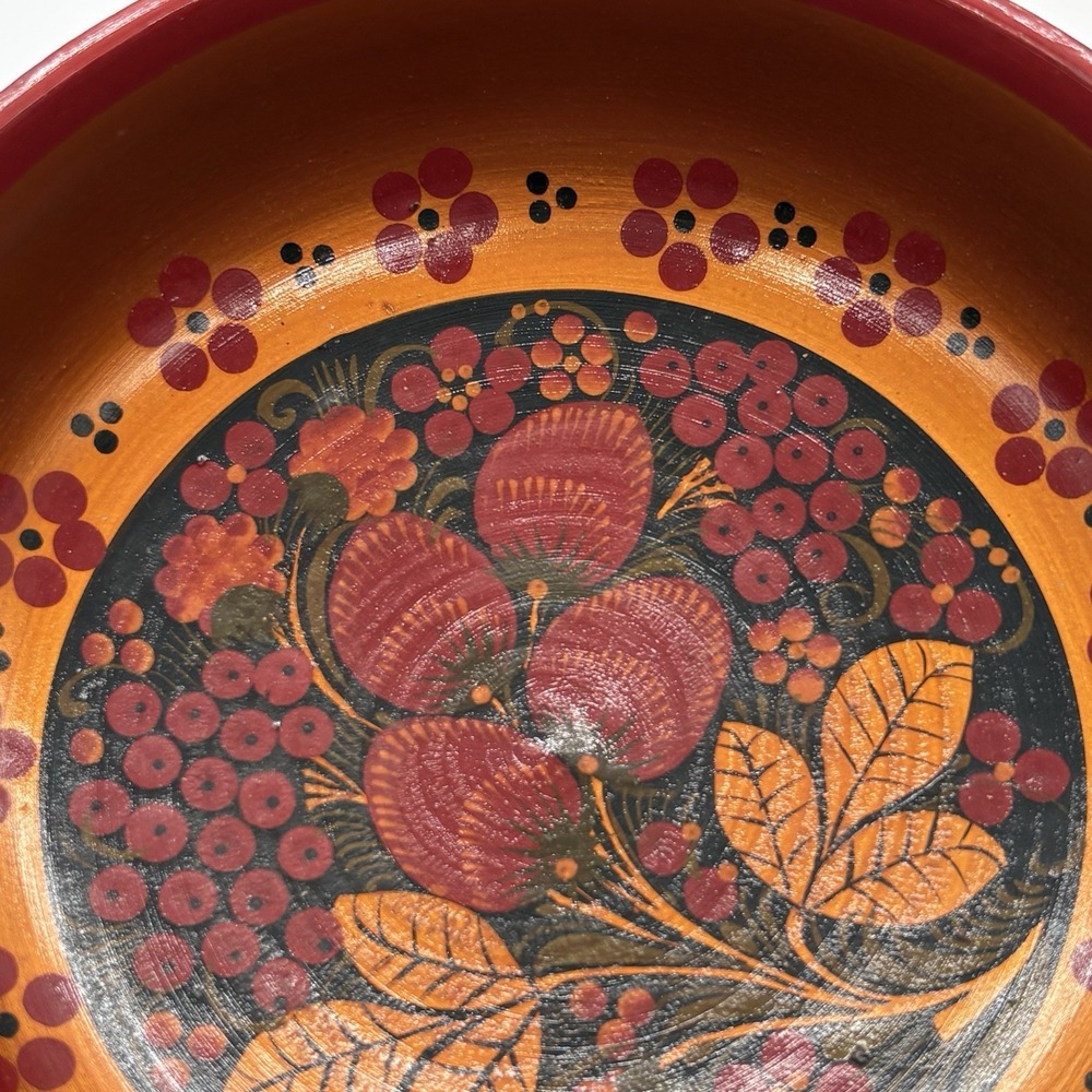 Russian Art Khokhloma Wooden Bowl Matching Spoon Traditional Floral Berry Design - Picture 11 of 16